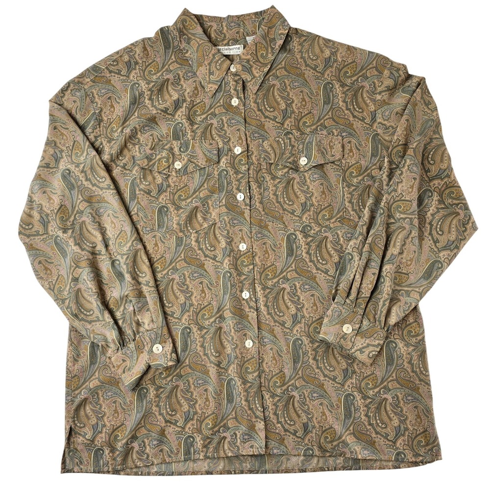 Liz Claiborne Collection Vintage 90s Paisley Button Down Shirt Tan Brown Size 14